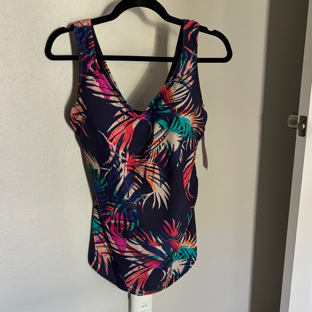Sarong style Navy One-Piece with Multicolor Tropical Print